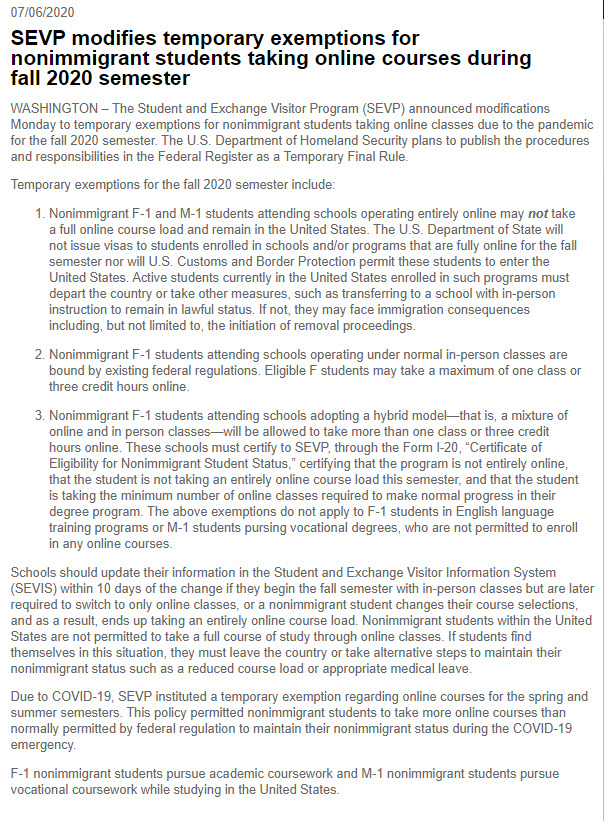 SEVP changes July 6 2020