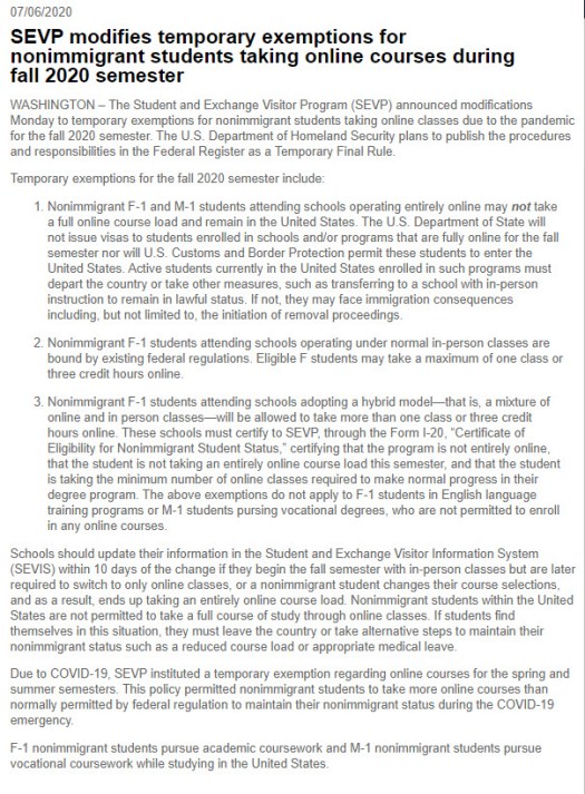 SEVP changes July 6 2020
